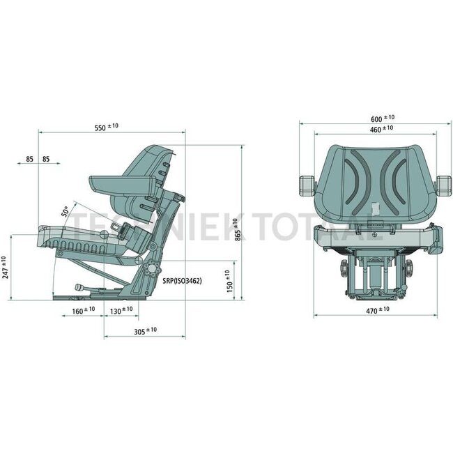 GRANIT Trekkerzitting - 240920201, ST07-05+YP15+SB020+BRACKET | Technische gegevens: • Mechanisch geveerde stoel • Lengteverstelling: 150 mm • Veerweg: 100 mm • Hoogteverstelling: 60 mm • Gewichtsbereik: 50 - 120 kg, • Vering met dubbelwerkende schokdemper, • Ar