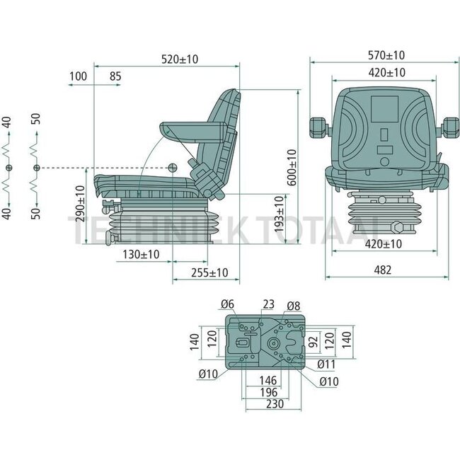 GRANIT zitting - 240920203, STPLUSV42+SB020+YP15S | Technische gegevens: • Geveerde zitting met veerinstelling voor gewichten van 50 tot 130 kg • Veerweg 100 mm • Vering met hydraulische schokdemper • Lengteverstelling met geleiderails • Zithoogteverstelling 80