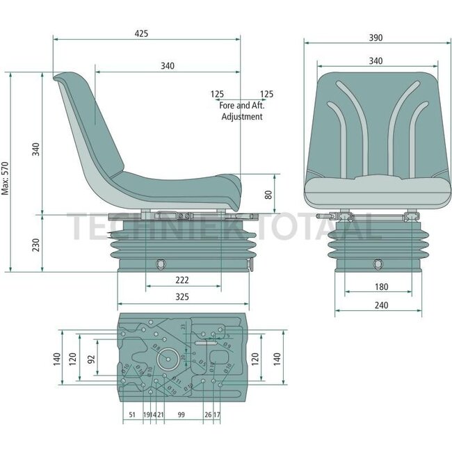 GRANIT Seat - 240920035, STPLUSGC12 | Technical data: - Air-sprung with 12 volt compressor - Sprung seat with suspension adjustment for weights from 50 kg to 130 kg, ● Suspension stroke 100 mm, suspension with hydraulic shock absorber, ● Longitudinal adjustment