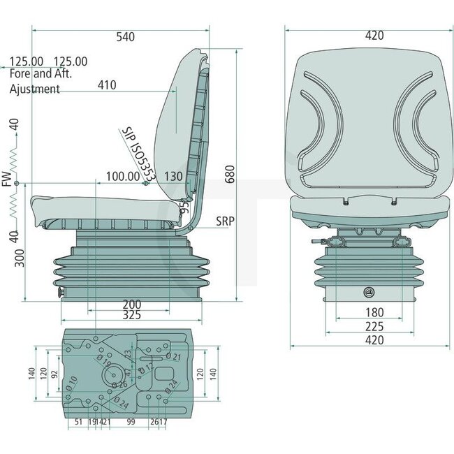 GRANIT Seat - 240920037, STPLUSV42AIR/BLACKPVC | Technical data: Air-sprung seat with adjustment for weights from 100 kg to 130 kg, ● Suspension stroke 100 mm, ● Longitudinal adjustment with guide rails 250 mm, ● Adjustment range 150 mm in steps of 15 mm, ● Seat
