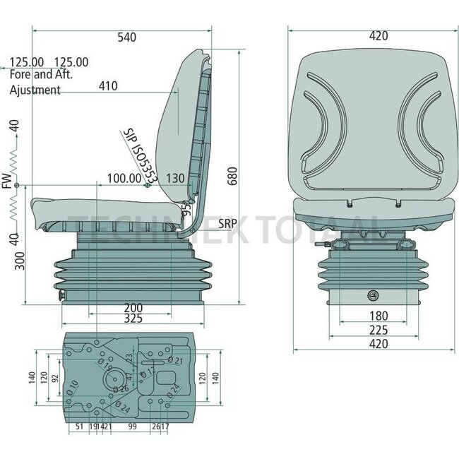 GRANIT Seat - 240920037, STPLUSV42AIR/BLACKPVC | Technical data: Air-sprung seat with adjustment for weights from 100 kg to 130 kg, ● Suspension stroke 100 mm, ● Longitudinal adjustment with guide rails 250 mm, ● Adjustment range 150 mm in steps of 15 mm, ● Seat