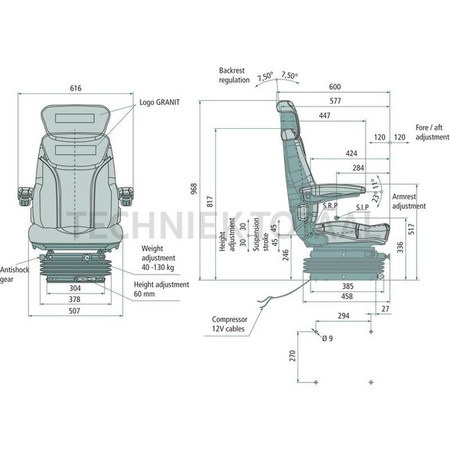 GRANIT Supercomfort zitting - 24000047 | Technische gegevens: De luchtvering is voorzien van een robuuste, krachtige compressor. Het gehele onderstel wordt door een balg beschermd tegen vuil, water en weersinvloeden., • Gewichtsinstelling: traploos van 40 - 130