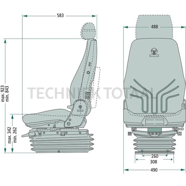 GRAMMER Actimo XL MSG95A/722 - 2401294557, 1294557 | Sitztyp: MSG95A/722 | Federung: luftgefedert | Polsterart: Stoff | Sitzkontaktschalter: Optional | Spurmaß: 260 mm | Sitzbreite: 490 mm | Joystickkonsole: Optional | Seitenhorizontalfederung: Optional | Längsho