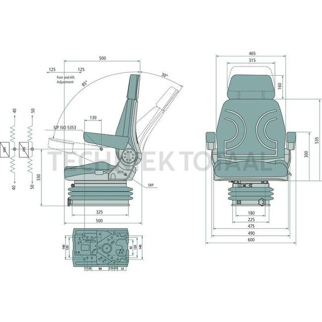 GRANIT Seat - 240920116, STPLUSTV1 | Technical data: • Longitudinal adjustment: 250 mm, • Suspension travel 100 mm, • Mechanical suspension with hydraulic shock absorber, • Height adjustment: 80 mm, • Weight adjustment: 50-130 kg, • Lumbar support, • Backrest ad