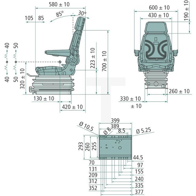 GRANIT Seat - 240300015, STPLUSTV4BLACKCLOTH | Technical data: - Mechanically sprung comfort seat - scissor suspension - suspension travel 100 mm - height adjustment, 60 mm - length adjustment 210 mm - backrest tilt adjustment, max. 35° - seat cushion width 480