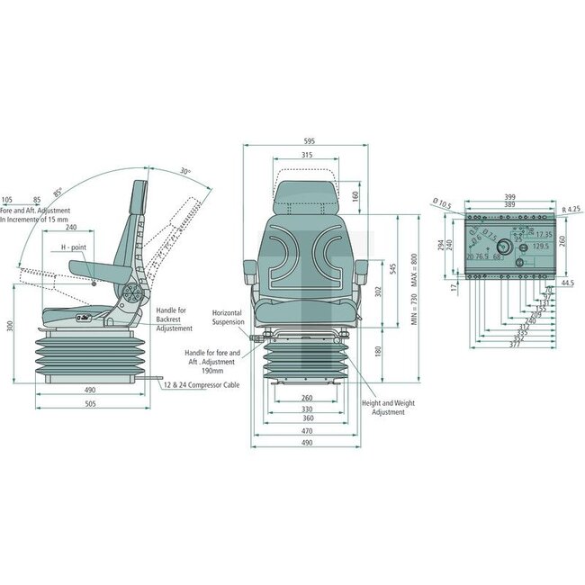 GRANIT Seat - 240920019, STPLUSTV6GCLOTH | Technical data: - Air suspension with 12 volt compressor, - Headrest, - Folding armrests, - Longitudinal adjustment 250 mm, - Suspension travel 100 mm, - Weight adjustment 50-130 kg, - Shock absorber for vertical suspen