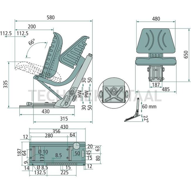 GRANIT Seat - 240920060, ST13DS-05MP | Technical data: ● Suspension seat with suspension adjustment for weights from 50 kg to 120 kg., ● Suspension stroke 100 mm, suspension with double-acting shock absorber, ● Longitudinal adjustment with guides: Adjustment ran