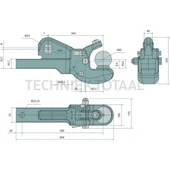 Scharmüller Pickup Hitch - 12096125, 0.428.00.6-A20, 00.428.00.6-A20 | passend für: John Deere | Serie: 7030 | Kategorie: Pick-Up Hitch | Ausführung: Kugel 80 | Farbe: Pöttinger Rot | Ausladung: 390 mm | Bohrung: 25 mm | D-Wert: 86,1 kN | Länge: 469 mm | Schaft-Quers