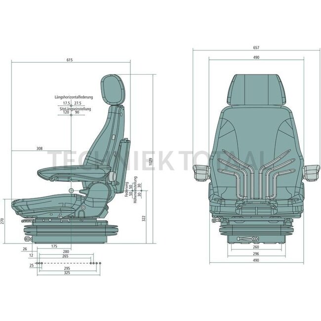 GRAMMER Actimo M MSG85/722 - 2401294547, 1294547 | Seat type: MSG85/722 | Suspension: Mechanical | Upholstery type: Fabric | Seat contact switch: Optional | Track gauge: 260 mm | Seat width: 490 mm | Side horizontal suspension: Optional | Restraint system: Option