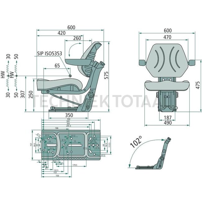 GRANIT zitting - 24000118, ST07BS-05 | Technische gegevens: • Mechanisch geveerde zitting, • Lengteverstelling: 150 mm, • Veerweg: 100 mm, • Hoogteverstelling: 60 mm, • Gewichtsbereik: 50 - 120 kg, • Met armleuningen <lt>br<gt> <lt>br<gt> CE-homologatie e 13*78/