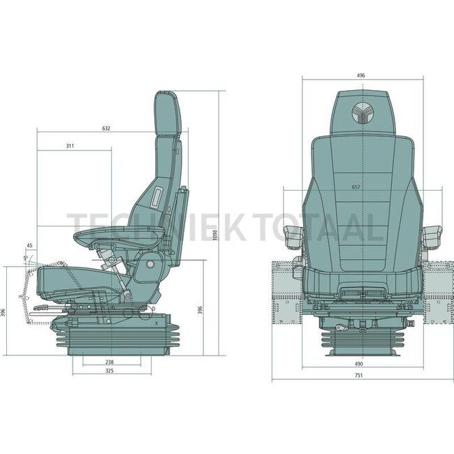GRAMMER Actimo Evolution MSG95EL/722 - 2401294602, 1294602 | Ophanging: luchtgeveerd | Bekledingstype: Stof | Zittingcontactschakelaar: Optioneel | Spoormaat: 260 mm | Zittingbreedte: 490 mm | Joystickconsole: Optioneel | Horizontale vering in de dwarsrichting: O