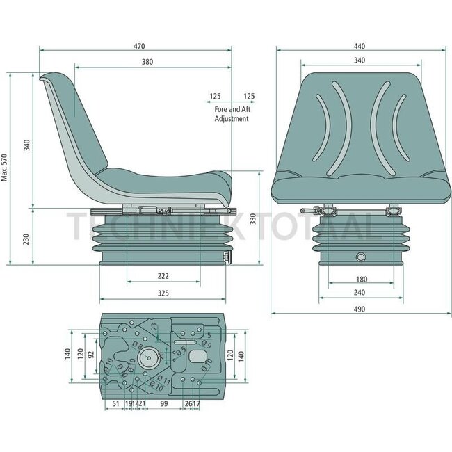 GRANIT Seat - 240920045, STPLUSC12 | Technical data: ● Air-sprung with 12 volt compressor ● Sprung seat with suspension adjustment for weights from 50 kg to 130 kg, ● Suspension stroke 100 mm, suspension with hydraulic shock absorber, ● Longitudinal adjustment w