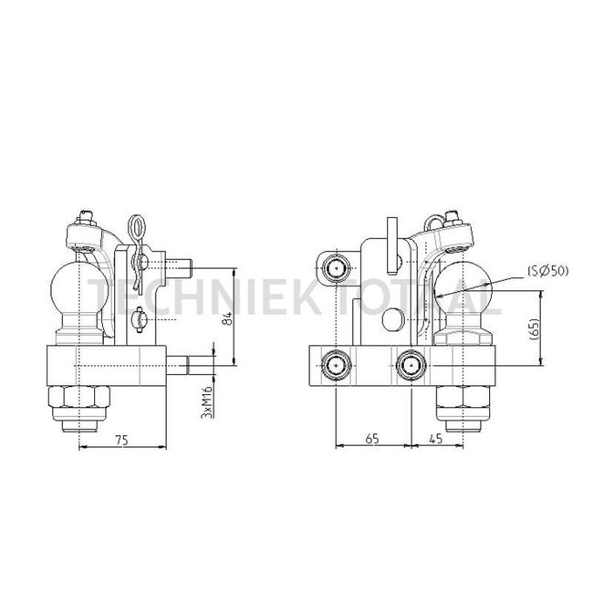 Sauermann gedwongen besturing links - 711470013, D0.017.8612.3 | Tip voor montage: links | Kleur: zwart | Gatenpatroon: 65 x 84 mm | Kogel-Ø: 50 mm