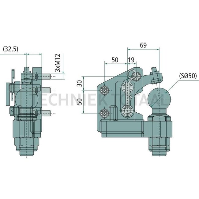 Sauermann Positive steering right - 711747010, RE333550, JRE333550 | Assembly notes: Right | Colour: Green | Hole pattern: 69 x 50/80 mm | Ball Ø: 50 mm