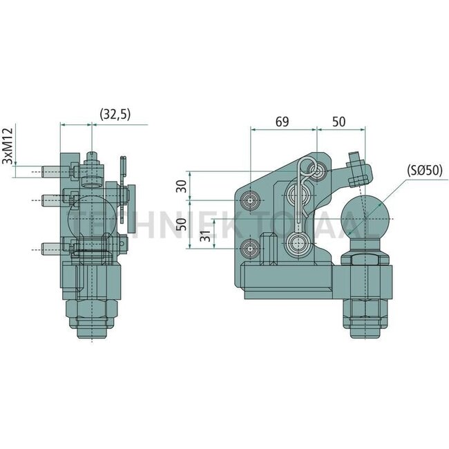 Sauermann Forced steering left - 711747011, RE333549, RE333545, JRE333549 | Assembly notes: Anticlockwise | Colour: Green | Hole pattern: 69 x 50/80 mm | Ball Ø: 50 mm