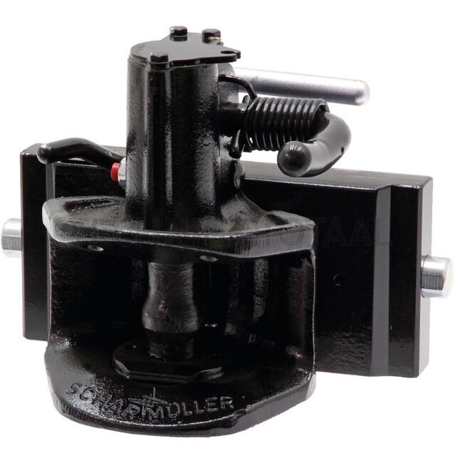 Scharmüller Zugmaul - 77703255302 | Schienenbreite: 255 mm | Rastbolzen Ø: 25 mm | Führungsbreite: 32 mm | Kuppelbolzen: 38 mm | Stützlast: 2000 kg | D-Wert: 82,4 kN | Farbe: Schwarz | Beschreibung: Höhenverstellbar mit Handgriff | Plattenhöhe: 120 mm | Verriegelung: