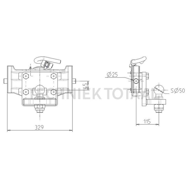Sauermann Drawbar ball 50 rail 330 mm, pin Ø 25 mm, 350 kg, black - D02941711