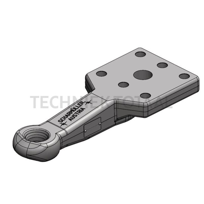 Scharmüller Zugöse - 77700655210A02 | Ausführung: Flansch | D-Wert: 102,4 kN | Lochbild: 130 x 115 mm | Zugösen-Ø: 40 mm (42 mm stark) | Stützlast: 2500 kg | Farbe: Schwarz | Verriegelung: Normzugöse | Anzahl Löcher: 6 | Ausladung: 314 mm | Bohrung: M20 mm | Flansch: