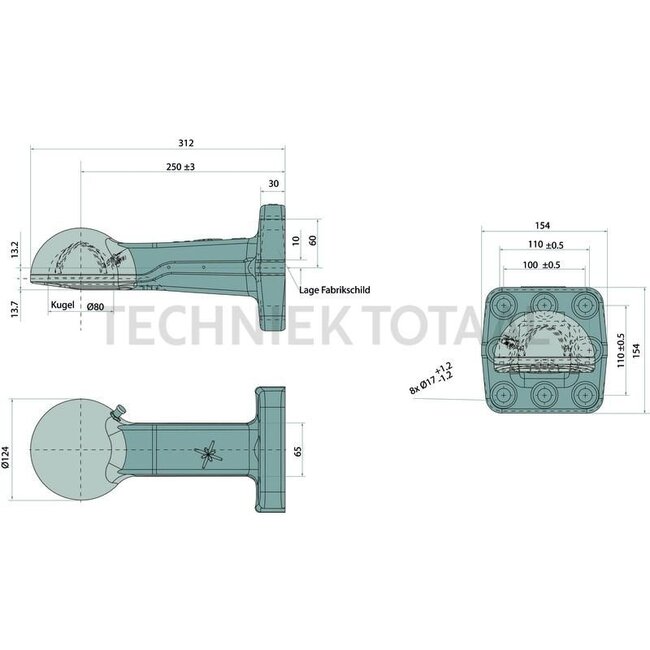 Scharmüller Zugöse  - 777006529700 | D-Wert: 89,3 kN | Flansch: 8-Loch, Vertikal | Stützlast: 3000 kg | Lochbild: 110 x 100 mm | Bohrung: M17 mm | Anzahl Löcher: 8 | Farbe: KTL Beschichtung Schwarz | Ausladung: 243 mm