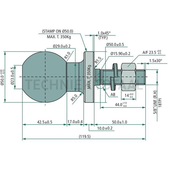 GRANIT Kogeltrekpen Geen goedkeuring voor de weg - 20000198, 8V16L0600, 6020000198, 210642 | Draad: 5/8" UNF | A: 15,9 mm | B: 50 mm | C: 44 mm | Uitvoering: Geen goedkeuring voor de weg | Alleen voor gebruik op de boerderij