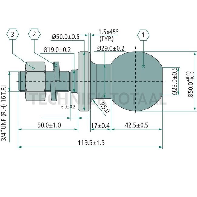 GRANIT Ball pin No road approval - 20000199, 8V16L0800, 6020000199, 213472 | Thread: 3/4 UNF | A: 19 mm | B: 51 mm | C: 45 mm | Version: Not approved for road use | For farm use only