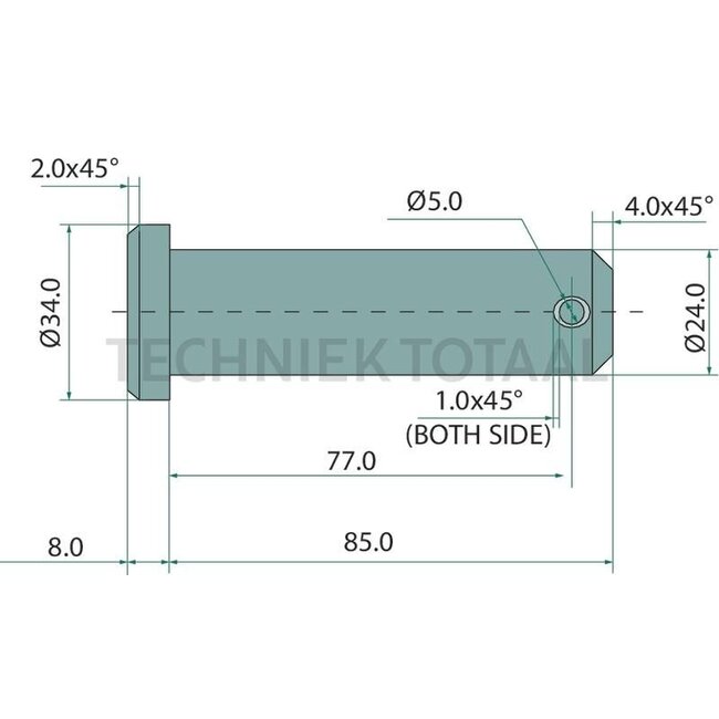 GRANIT Bolzen - 20000207, 213478, 8V16L4200, 6020000207 | Version: Drilled on one side, without chain | Category: Special version | A: 24 mm | B: 5 mm | C: 77 mm | D: 93 mm | E: 34 mm