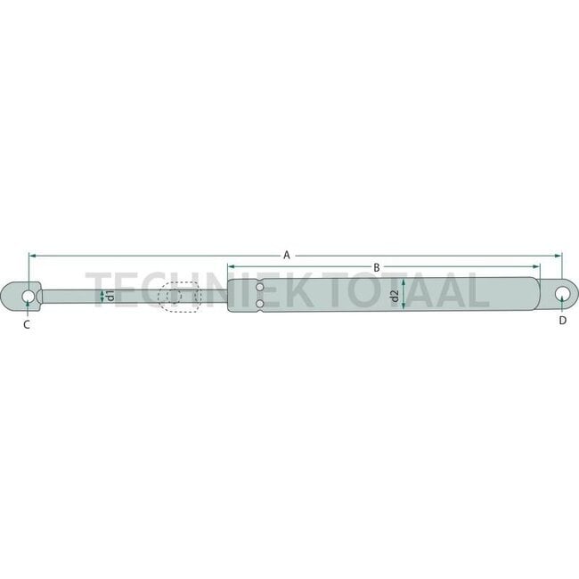 GRANIT Gas strut - 6549702581, 6C9043, 6C-9043, 72107691, 816213915, 84611, 084611 | Newtons: 400 | A: 485 mm | B: 285 mm | C: 8,3 mm | D: 8,3 mm | Stroke: 200 mm | d1: 8 mm | d2: 18 mm | Connection 1: Metal eye | Connection 2: Metal eye