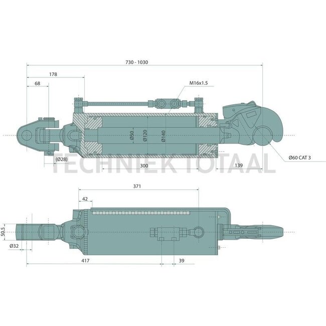 GRANIT Hydraulischer Oberlenker - 20006047, G931870053010, 20976004, 020976004 | Oberlenkertyp: hydraulisch | Bauart: Fanghaken / Gabelgelenk | A Kat.: 3 / 32 | B Kat.: 3 / 32 | I: 50,5 mm | F: 730 / 1030 mm | Hub: 300 mm | Kolbenstangen-Ø D: 50 mm | Zylinder-Ø