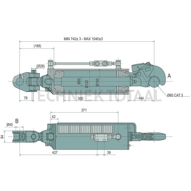 GRANIT Hydraulischer Oberlenker - 20006066, G835870052011, G835870052010 | Oberlenkertyp: hydraulisch | Bauart: Fanghaken / Gabelgelenk | A Kat.: 3 / 32 | B Kat.: 40 | I: 64 mm | F: 740 / 1040 mm | Hub: 300 mm | Kolbenstangen-Ø D: 50 mm | Zylinder-Ø innen E: 120