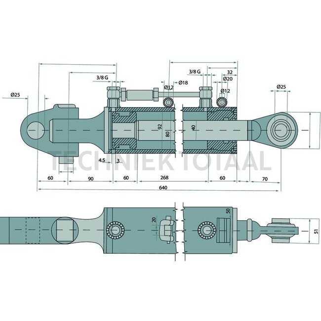 GRANIT Hydraulische topstang Cat. 2 - 640 / 908 mm