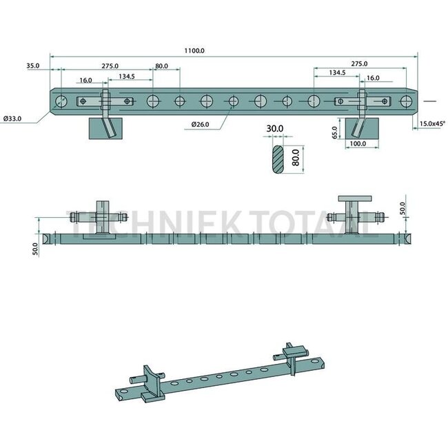 GRANIT Linkage drawbar not rotatable cat. 1-2, 1100 x 80 x 30 mm, 9 holes