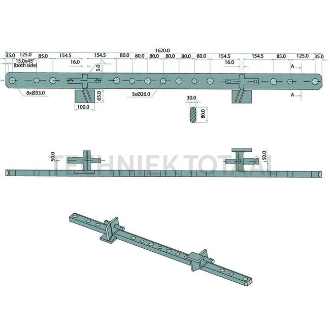 GRANIT Gatenbalk niet draaibaar cat. 1-2, 1100 x 80 x 30 mm, 9 gaten