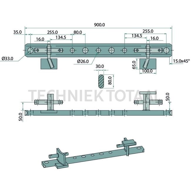GRANIT Linkage drawbar not rotatable cat. 1-2, 900 x 80 x 30 mm, 7 holes