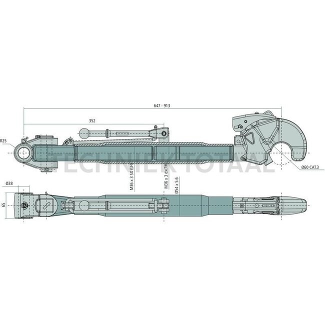 CBM Mechanischer Oberlenker Kat. 3 - 12342514, 84516626, 2.1193.00.4, 02.1193.00.4 | I: M36 x 3 mm | A cat.: 28 | B cat.: 3 / 60 | C: 410 mm | D: 647 - 913 mm | K: 65 mm | H: 65 mm | Type: Tail hook/clevis joint | Top link type: mechanical