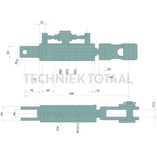 GRANIT Hydraulische hefstang Verdeelblok met 3/8"schroefdraad - 7181717600, 47385644, 84497524, 84497531 | Bouwwijze: Gabelgelenk / Gabelgelenk | A: 22 mm | S: 40 mm | B: 19 mm | S1: 27,5 mm | L: 490 mm | C: 35 mm | D: 70 mm | Slag: 138 mm | Passend voor: Case I