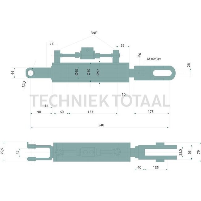 GRANIT Hydraulic lifting strut clevis/clevis, 540 mm, stroke 133 mm