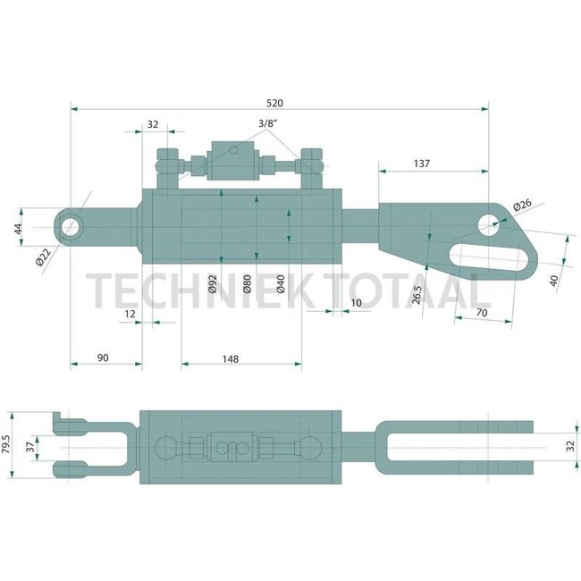 GRANIT Hydraulische Hubstrebe Sperrblock mit 3/8" Gewinde - 7181717604 | Bauart: Gabelgelenk / Gabelgelenk | A: 26 mm | S: 37 mm | B: 22 mm | S1: 32 mm | L: 520 mm | C: 40 mm | D: 80 mm | Hub: 148 mm | passend für: Case IH, New Holland | Länge: 520 mm