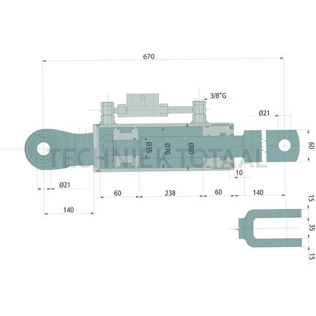 GRANIT Hydraulische hefstang Verdeelblok met 3/8"schroefdraad - 71812058 | Bouwwijze: Gabelgelenk / Kugelgelenk | A: 21 mm | B: 21 mm | S1: 35 mm | L: 670 mm | C: 35 mm | D: 70 mm | Slag: 238 mm | Passend voor: John Deere | Lengte: 670 mm