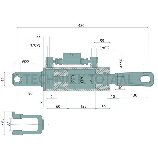 GRANIT Hydraulic lifting strut - 20000233, 2-00-00233 | Type: Clevis joint/clevis joint | A: 22 mm | S: 37 mm | B: 22 mm | L: 480 mm | C: 35 mm | D: 70 mm | Stroke: 120 mm | suitable for: New Holland | Length: 480 mm