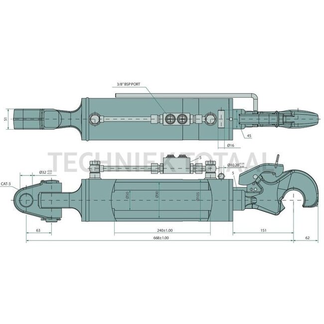 GRANIT Hydraulischer Oberlenker Eco-Line - 20010115, 200101150 | Oberlenkertyp: hydraulisch | Bauart: Fanghaken / Gabelgelenk | A Kat.: 3 / 32 | B Kat.: 3 / 32 | F: 665 / 905 mm | Hub: 240 mm | Kolbenstangen-Ø D: 50 mm | Zylinder-Ø innen E: 90 mm | Zugkraft: 9 t