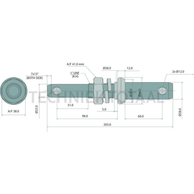 GRANIT Lower link pin Kat. 1/2 - 11541275 | Category: 1 / 2 | A: 28 mm | B: 1" UNF mm | C: 203 mm | D: 2 x 12 mm | E: 28 mm | F: 60 mm