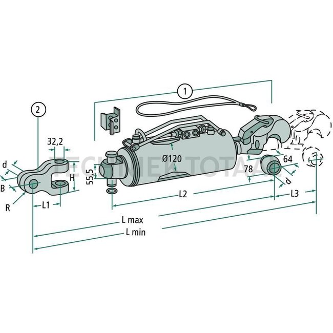 Walterscheid Hydraulischer Oberlenker - 395205132, 1205132 | A Kat.: 4 / 45 | B Kat.: 4 / 45 | F: 659 / 907 mm | Zylinder-Ø innen E: 120 mm | Sperrblock: oben | Zugkraft: 18,6 t | Hub: 248 mm | L2: 659 mm | Leistung bis kW: 294 (400) PS | Beschreibung: <b>Produktvorte