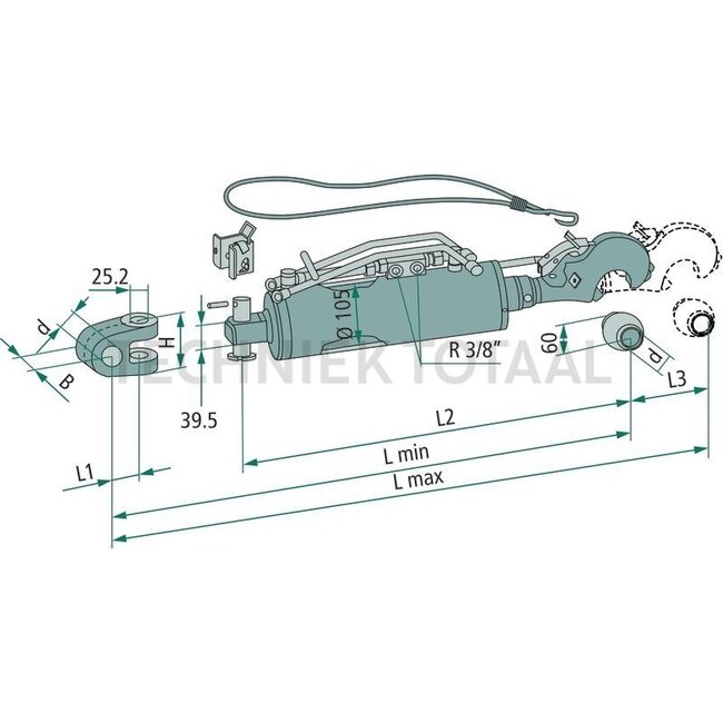 Walterscheid Hydraulischer Oberlenker - 395207240, 1207240 | A Kat.: 3 / 32 | B Kat.: 3 / 32 | F: 562 / 747 mm | Zylinder-Ø innen E: 105 mm | Sperrblock: oben | Zugkraft: 11,7 t | Hub: 185 mm | L2: 562 mm | Leistung bis kW: 147 (200) PS | Beschreibung: Zugkraft in t b