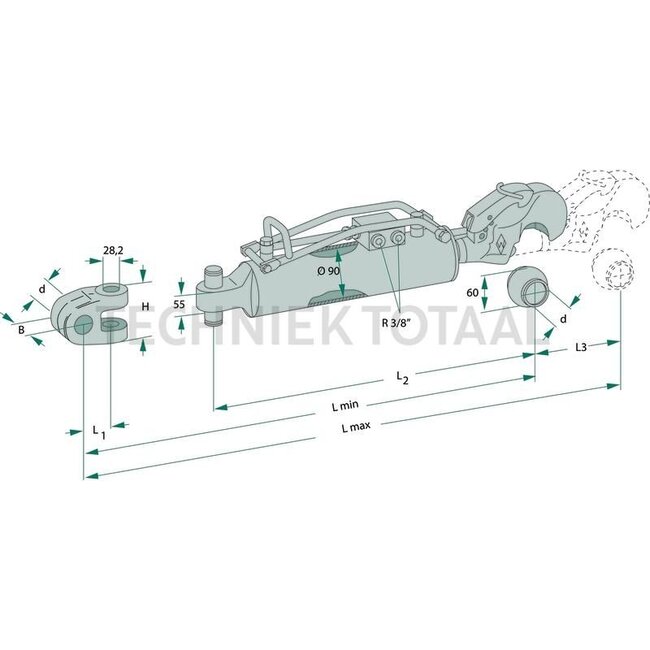 Walterscheid Hydraulic top link - 395204484, 1204484 | A cat.: 3 / 32 | B cat.: 3 / 32 | F: 562 / 747 mm | Cylinder Ø inner E: 90 mm | Check valve: Top | Tensile force: 10,2 t | Stroke: 185 mm | L2: 562 mm | Max. power (kW (hp)): 184 (250) | Description: <b>Advantages