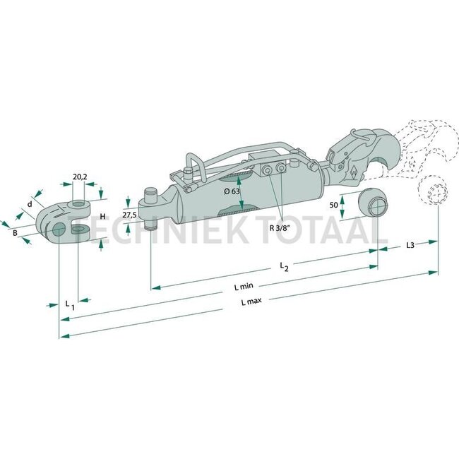 Walterscheid Hydraulischer Oberlenker - 395309535, 1309535 | Oberlenkertyp: hydraulisch | Bauart: Fanghaken / Gabelgelenk | A Kat.: 2 / 25,4 | B Kat.: 2 / 25,4 | F: 553 / 783 mm | Hub: 230 mm | Zylinder-Ø innen E: 63 mm | L2: 553 mm | Beschreibung: <b>Produktvorteile: