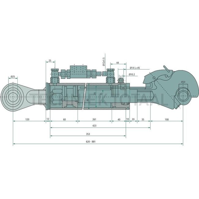 GRANIT Hydraulischer Oberlenker Sperrblock oben - 20000220, 2-00-00220, G716870050021, 4311029M1, 4364607M2, 4305980M92, 4305980M91, 4312424M92 | A Kat.: 2 / 25,4 | B Kat.: 2 / 25,4 | F: 620 / 881 mm | Kolbenstangen-Ø D: 35 mm | Zylinder-Ø innen E: 70 mm | Sperr