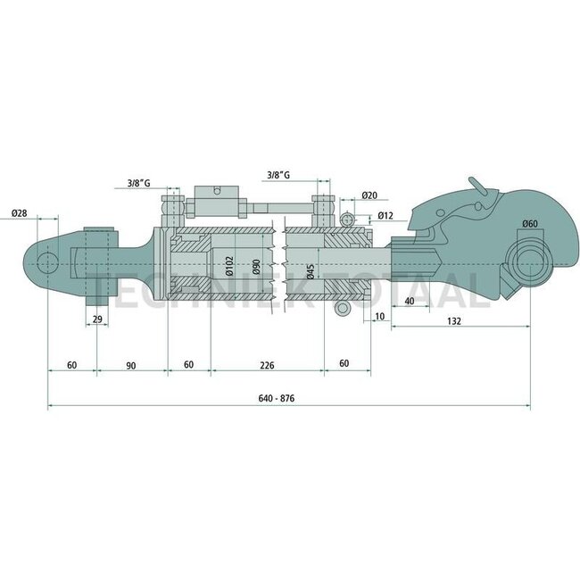 GRANIT Hydraulischer Oberlenker Hydr. Oberlenker - 20000223, 002000022300, 0002000022300 | A Kat.: 3 / 32 | B Kat.: 28 | F: 650 / 876 mm | Kolbenstangen-Ø D: 45 mm | Zylinder-Ø innen E: 90 mm | Sperrblock: oben | Hubkraft: 11 t | Zugkraft: 8 t | Verstellbar: Nei