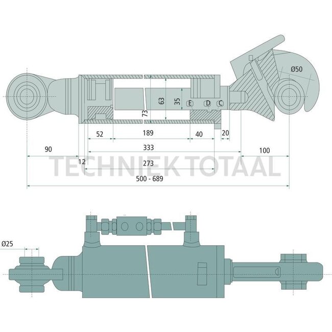 GRANIT Hydraulischer Oberlenker Sperrblock seitlich - 20000218, VA386569, VA386394 | A Kat.: 2 / 25,4 | B Kat.: 2 / 25,4 | F: 500 / 689 mm | Kolbenstangen-Ø D: 35 mm | Zylinder-Ø innen E: 63 mm | Sperrblock: seitlich | Hubkraft: 5 t | Zugkraft: 4 t | Hub: 189 mm