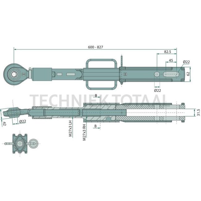 GRANIT Lifting rod - 71818765, 3616223M92, 4302125M91, 4302125M92, 40806004, 7700043318 | Dimensions: Ball joint Ø: 22, angled 42° mm | Eye Ø: 22 mm | Thread: M27 x 3 mm | Length min./max.: 600 - 827 mm | Fork inner width: 31,5 mm