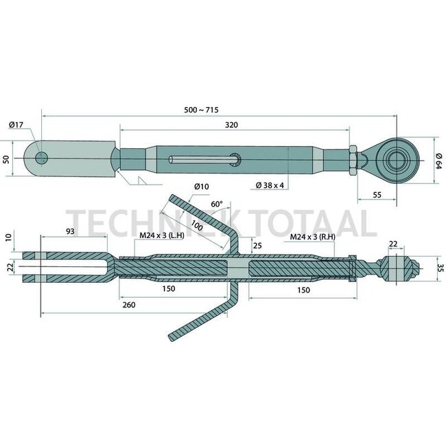 GRANIT Hefstang - 71818753, 7700005032, 4.0074.00.4, 04.0074.00.4 | Aansluiting: draadspindel / gaffelkop | Oog-Ø: 22,5 mm | Draad: M24 x 3 mm | Lengte: 500 - 715 mm | Binnenbreedte gaffel: 22